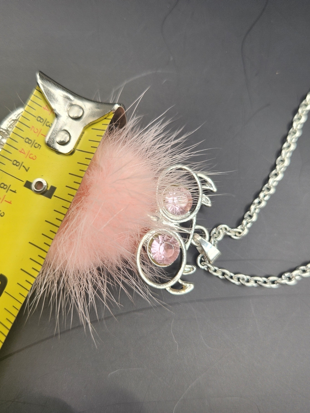 Y2K Aesthetic Pink Pom Pom Owl Pendant Necklace Silver Rhinestone Fluffy - Picture 5 of 6